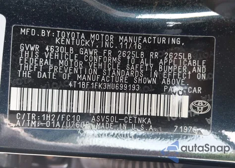 2017 Toyota Camry Le из США, поврежденный, VIN 4T1BF1FK3HU699193